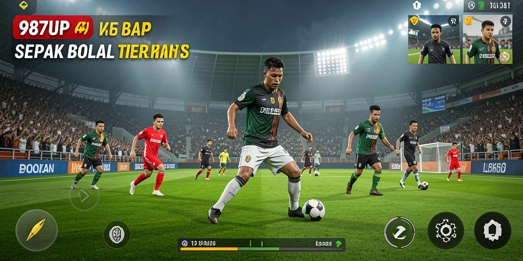 Tangkapan layar gameplay 987UP menampilkan aksi sepak bola yang mendebarkan.