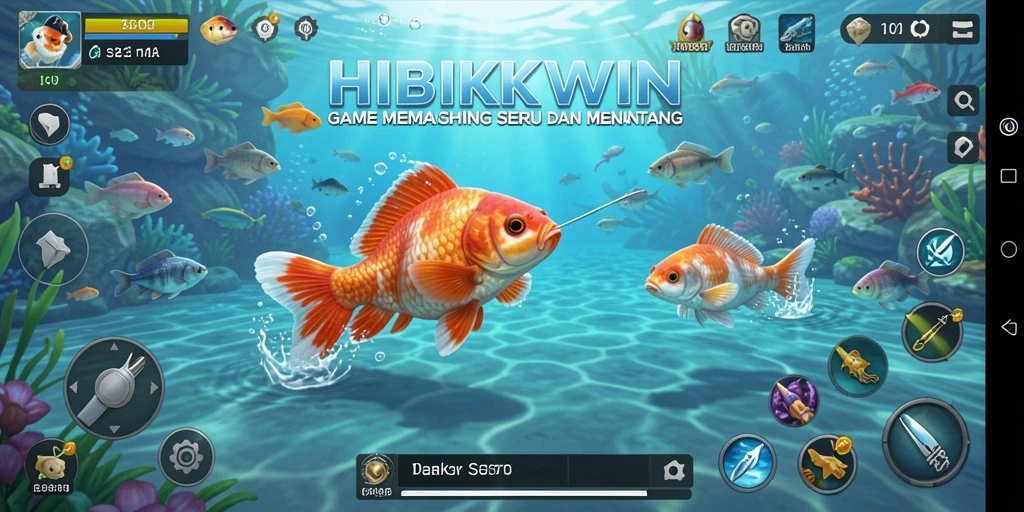 Tampilan menarik dari gameplay HIBIKIWIN dengan berbagai aktivitas memancing.