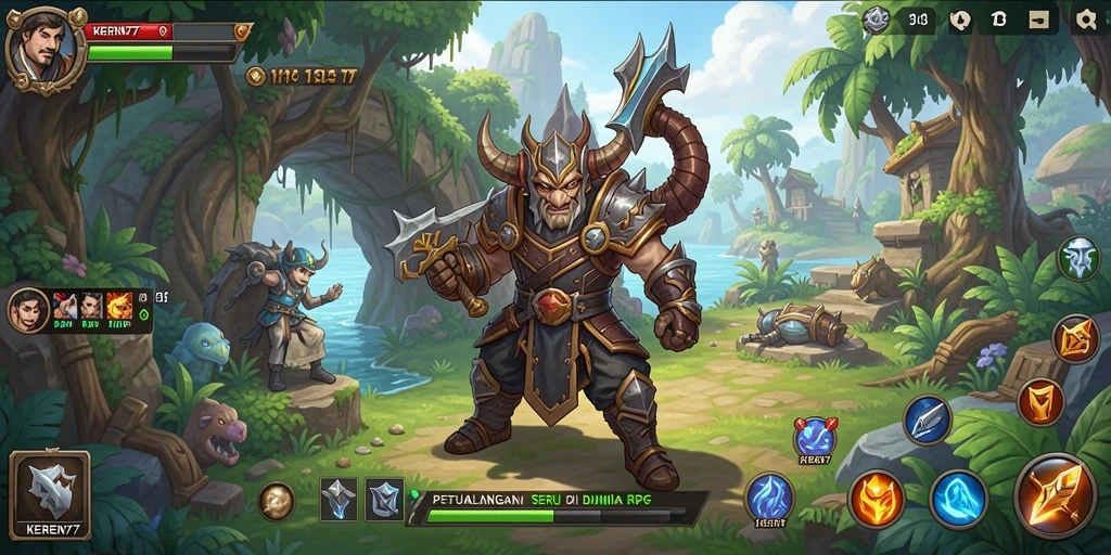 Ilustrasi gameplay KEREN77 dengan pertarungan seru dan karakter menarik.