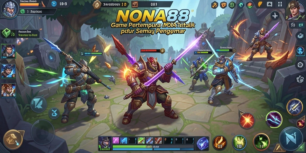 Screenshot gameplay NONA88 menampilkan pertarungan epik antara pahlawan-pahlawan.