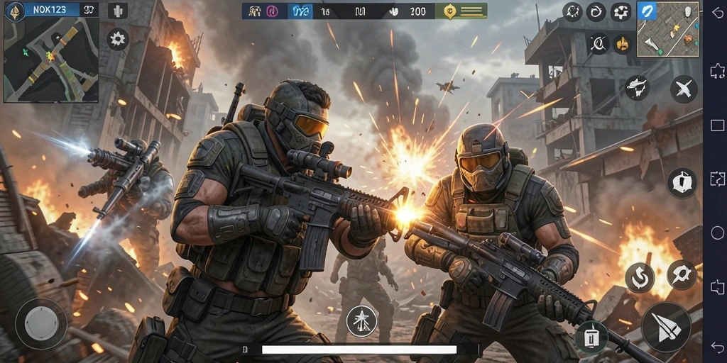 Tangkapan layar dari gameplay intens NOX123 yang menunjukkan aksi pertempuran.