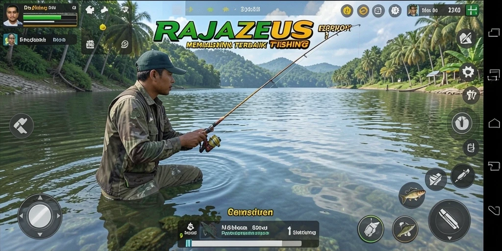 Screenshot utama RAJAZEUS menunjukkan gameplay memancing yang seru.