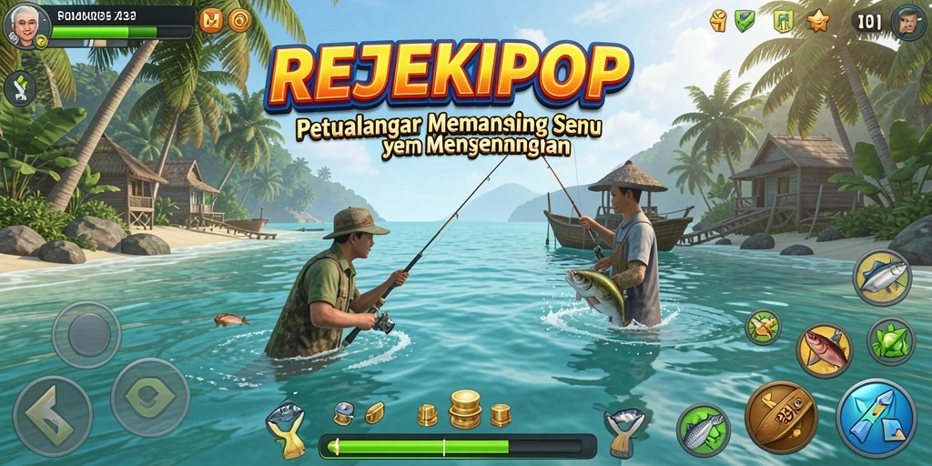 Screenshot gameplay REJEKIPOP yang menampilkan aktivitas memancing yang seru.