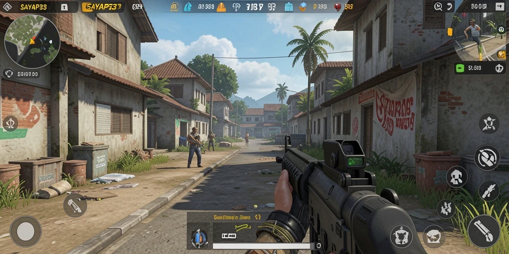 Tampilan intens gameplay SAYAP33 yang penuh aksi TPS.