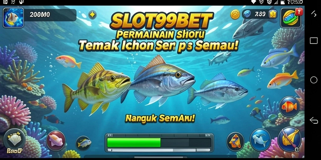Screenshot SLOT99BET menampilkan aksi seru menembak ikan berwarna-warni.