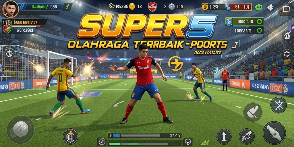 Tangkapan layar utama SUPER5 menampilkan berbagai aksi olahraga seru.